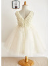 Beaded Pearl Champagne Tulle Knee Length Flower Girl Dress 